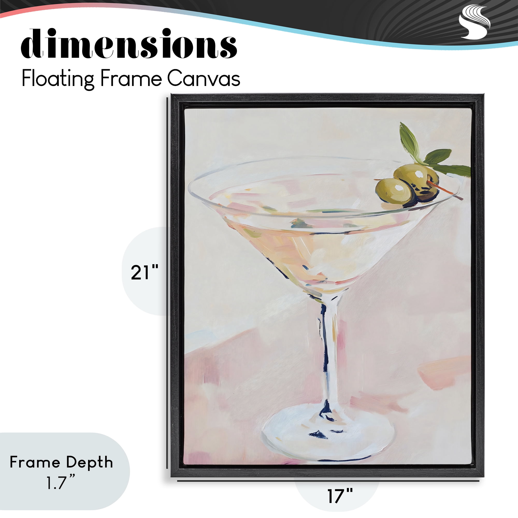 Stupell Industries Pastel Martini with Olive Garnish Black Framed Floater Canvas Wall Art, design by The Prints Vibe