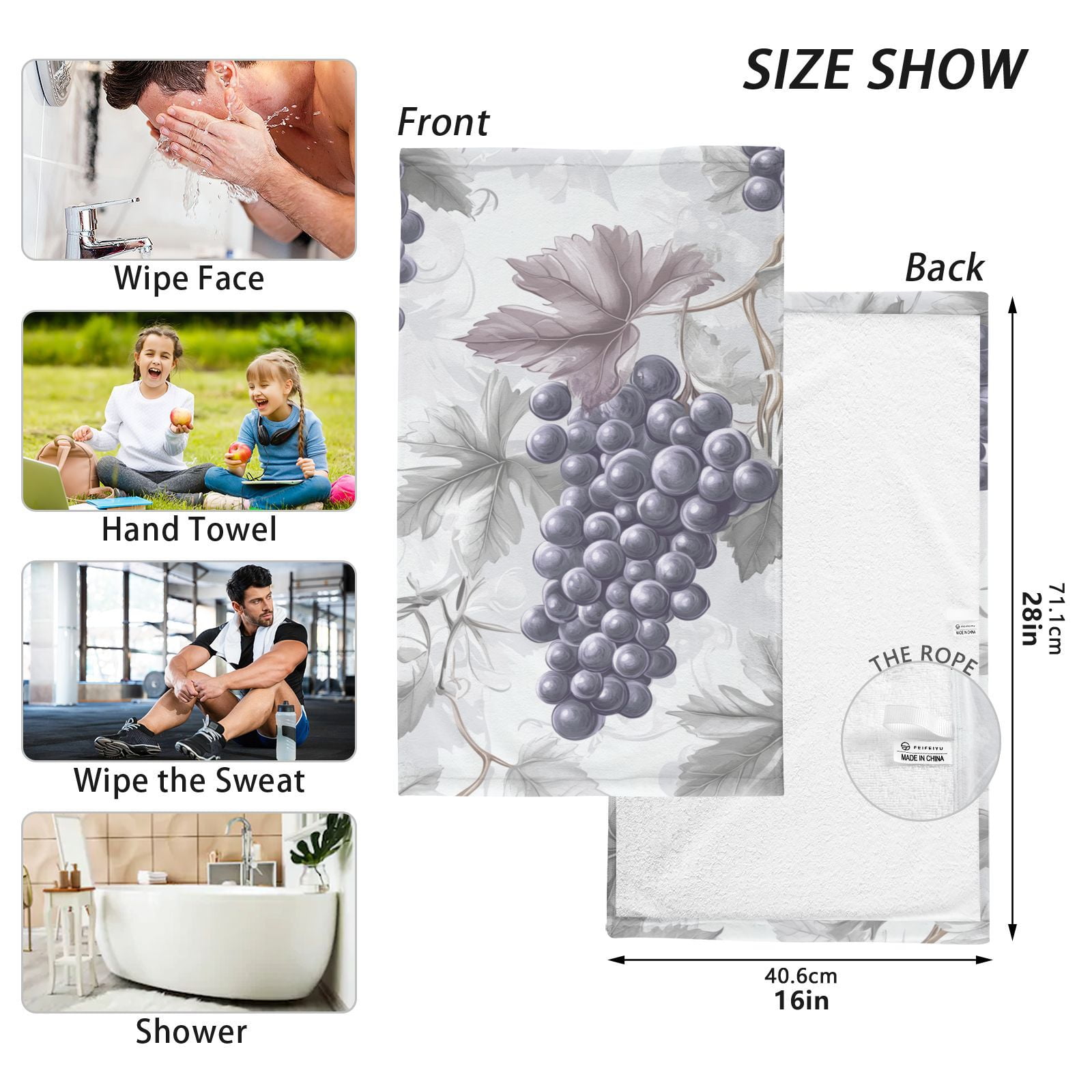 Purple Grapes Leaves Hand Towels Cotton Bath Towels Large Face Towels Absorbent for Bathroom 2 Packs