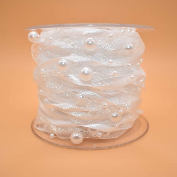 Cinta de Chiffon con Cuentas de Perlas Artificiales 10 m Blanca