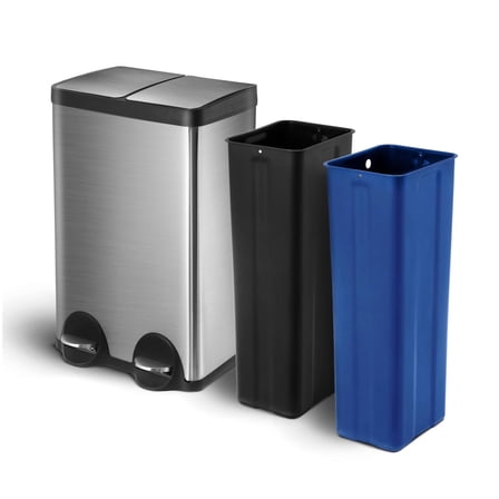 16 Gallon Kitchen Trash Can with Dual Compartments for Trash and Recycling, Soft Close Lids, Step Pedals, and Removable Liners, Stainless Steel, Silver