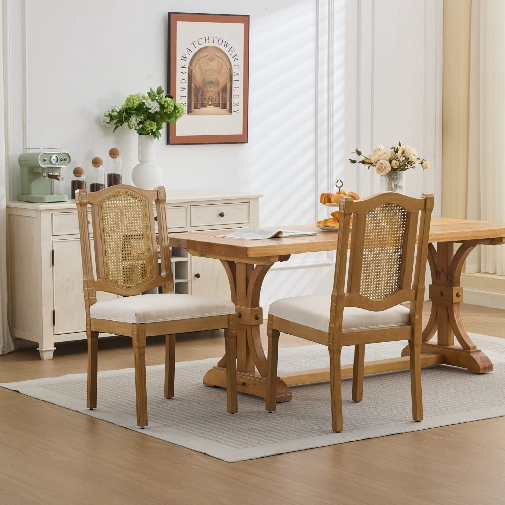 Rattan Dining Chairs Set of 2, Solid Wood Kitchen Chairs with High Rattan Backrest, Matte Linen Cushion, Foam & S-Springs, Beige