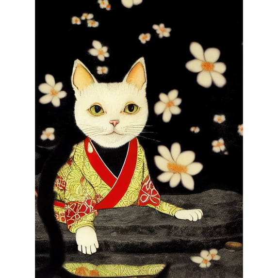 Cute White Cat In Red And Yellow Kimono Sitting On A Bed Of Rocks With Flowers Unframed Wall Art Print Poster Home Decor