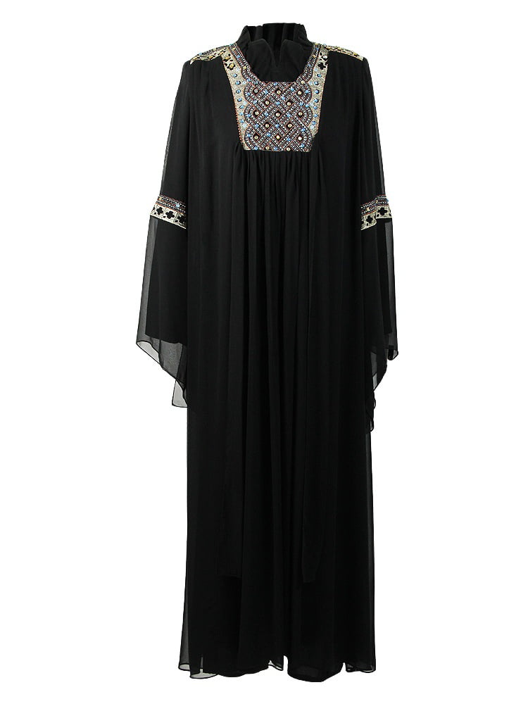 Womens Black Abaya Dress with Attached Covering and Gold Embroidered Patterns 