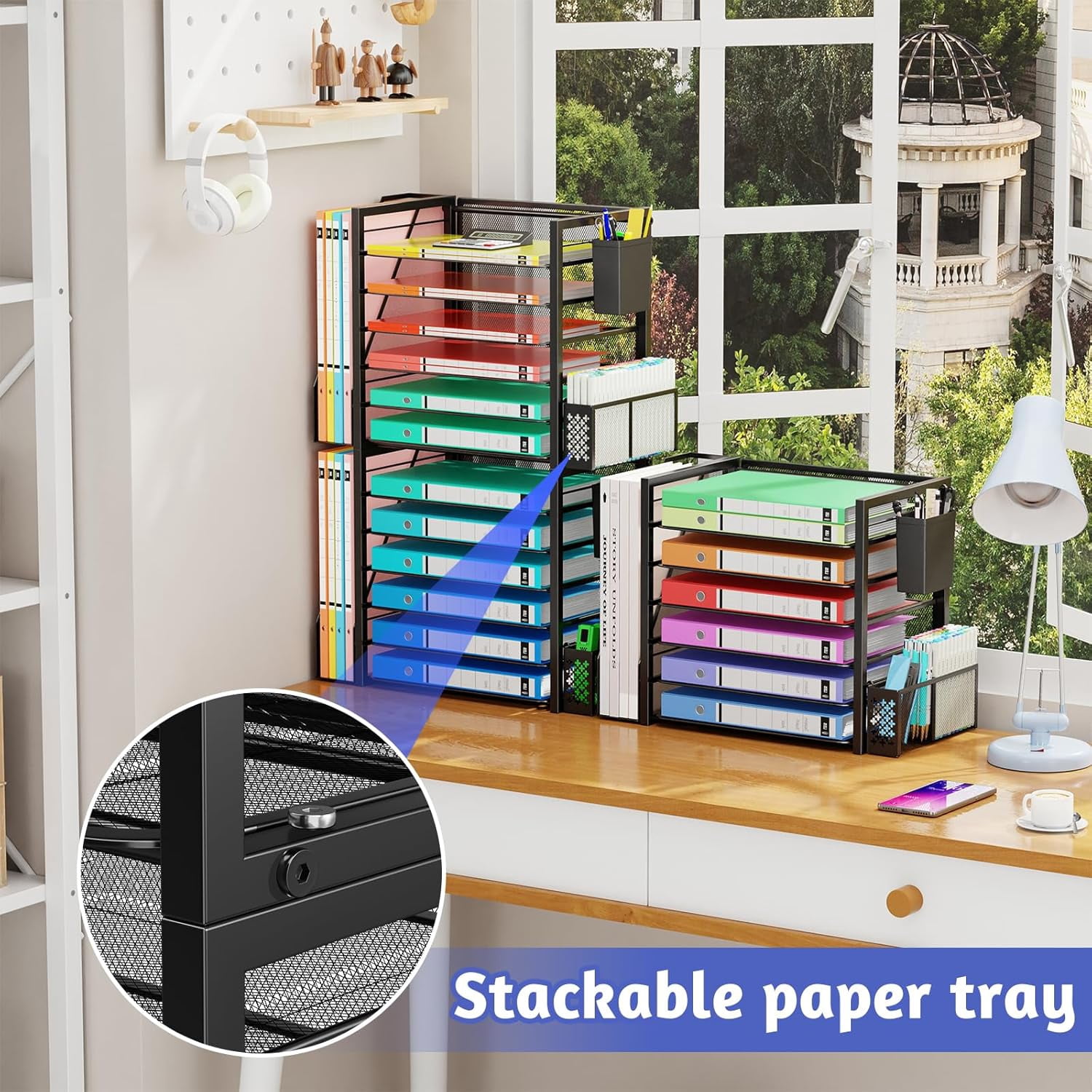 6 Tier Desk File Organizer, Paper Letter Tray Organizer with File Holder and Pen Container, Black