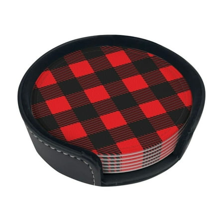 

6 Pieces Of Round Leather Coasters Anti-Fouling And Anti-Ironing Coasters Suitable For Home Restaurants Kitchen Offices And So On Flannel Patterns Red Black Color