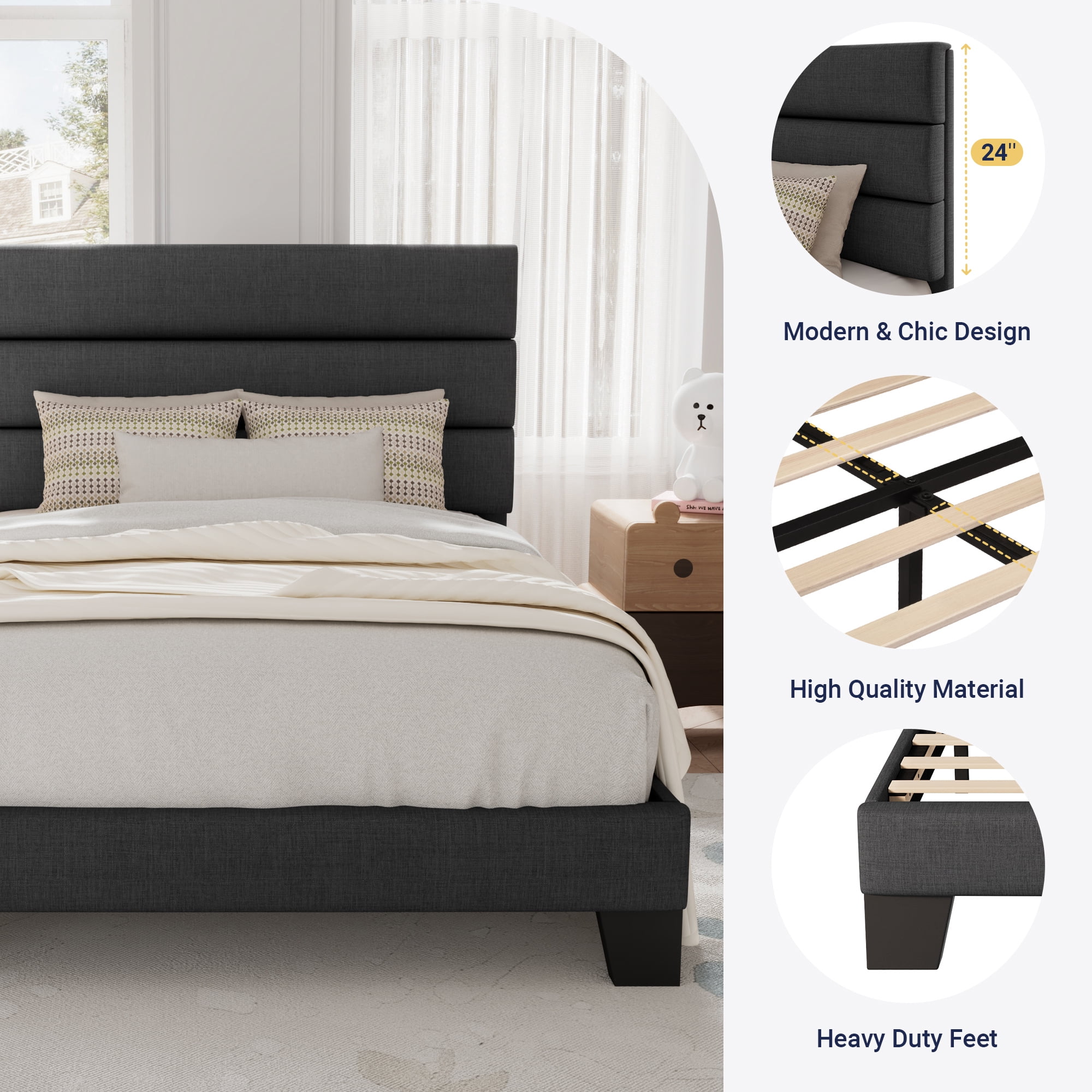 Allewie Twin Size Platform Bed Frame with Fabric Upholstered Headboard, No Box Spring Needed, Dark Grey
