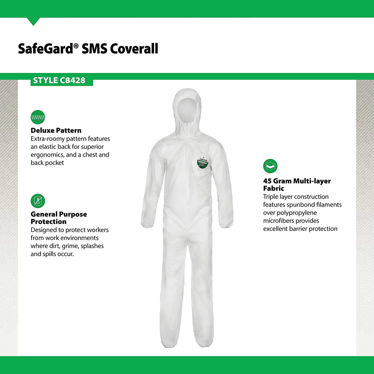 Elastic Cuff Lakeland SafeGard SMS Polypropylene Coverall with Hood 2X-Large White Case of 25 Disposable 