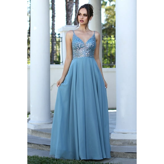 Women's Adora Design 3259 Sequin Chiffon Spaghetti Strap A-line Prom 2026 Dress Sea Blue Size 16 New Year's Eve