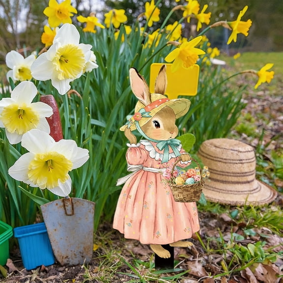 Meggemo Easter Bunny and Egg Gnome Garden Stake Outdoor Decor for Lawn Patio Flower Bed Festival