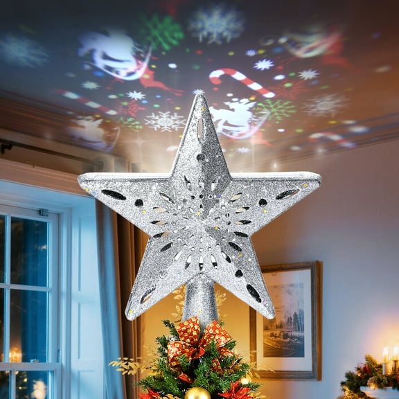 Fohil Christmas Tree Topper Glitter 3D Hollow Silver Star LED Projector Light Indoor Christmas Decorations Rotating Lights with 6 Projection Patterns