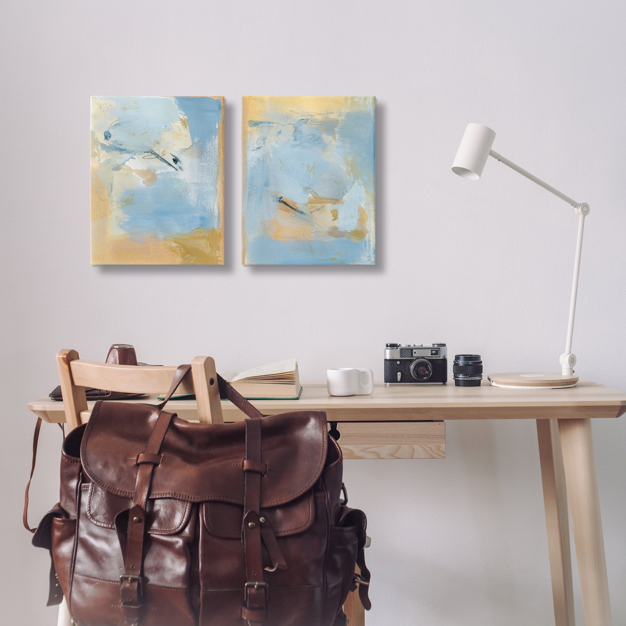 Stupell Industries Light Blue Pastel Gold Abstract Painting Wrapped Canvas Art Print Wall Art, 16 x 20, Set of 2