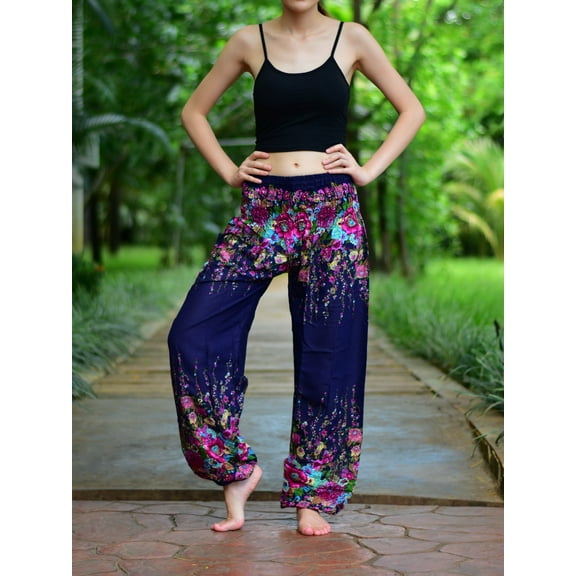 Bohotusk Indigo Floral Print Elasticated Smocked Waist Womens Harem Pants S/M to 4XL