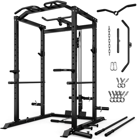 Power Rack Power Cage with LAT Pulldown Attachment and Pull Up Bar,2000LBS Squat Rack for Home Gym