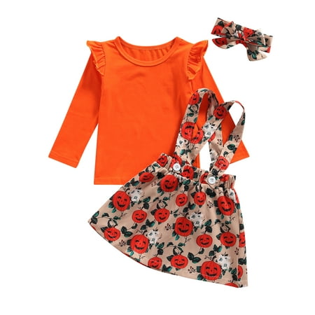 

Canrulo Kids Baby Girls Halloween Outfit Ruffle Long Sleeve Tops Pumpkin Printed Suspender Skirt Set Orange 2-3 Years