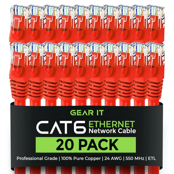 GearIT Cat 6 Ethernet Cable 1 ft (20-Pack) - Cat6 Patch Cable, Cat 6 Patch Cable, Cat6 Cable, Cat 6 Cable, Cat6 Ethernet Cable, Network Cable, Internet Cable - Red 1 Foot