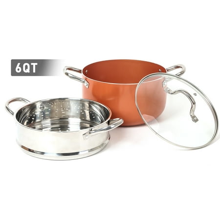 FGY 6 Quart Sauce Pot With Non-Stick Ceramic Copper Coating and Lid Stainless Steel Steamer Included
