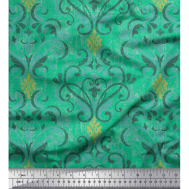 Soimoi Green Cotton Duck Fabric Vector Design Damask Print Fabric by the Yard 42 Inch Wide