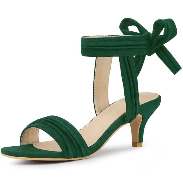 Sandalias de tacón medio con lazo en el tobillo con volantes y puntera abierta para mujer Verde oscuro 39