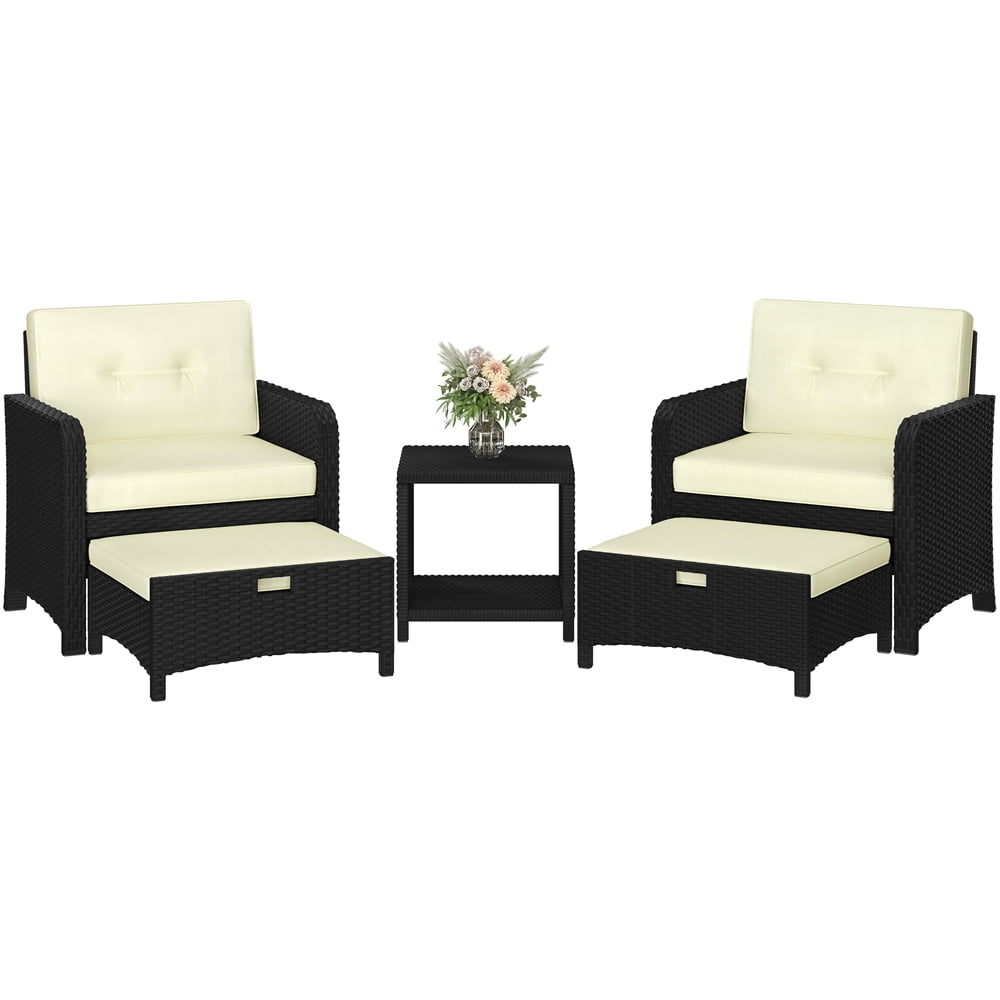 Yaheetech 5-Piece Patio Furniture Set with Rattan Side Table & 2 Chairs & 2 Ottomans, Black/Beige