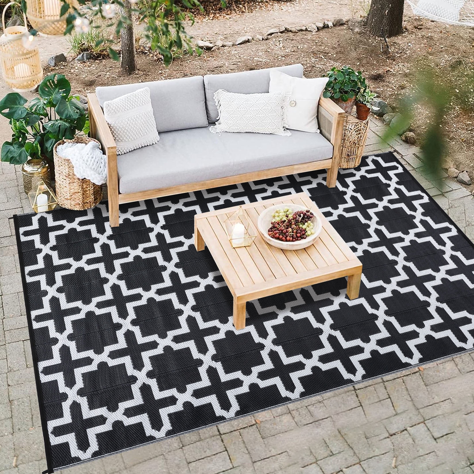 Hasoo Outdoor Rug Waterproof Premium Polypropylene Geometric Area Rug for Patio Porch Deck Balcony Black & White 6ft x 9ft