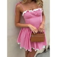 thumbnail image 2 of Pink Gingham Mini Cami Dress With White Ruffle Trim And Tie-Up Spaghetti Straps A-Line Style, 2 of 6