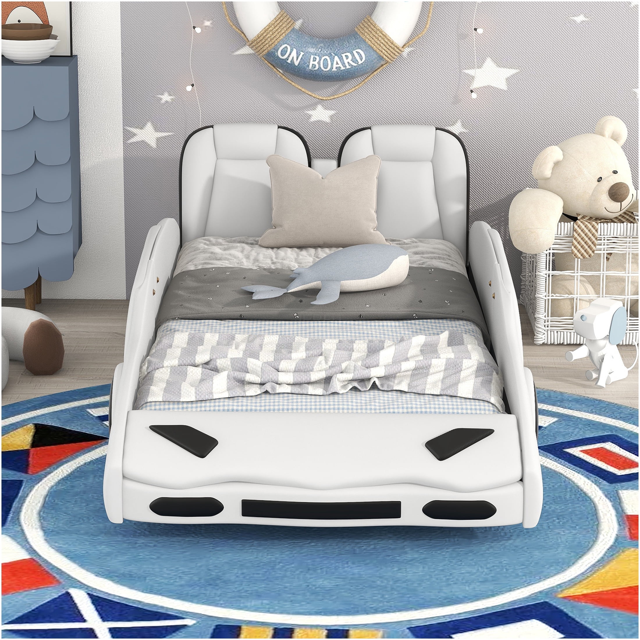 JERFIT Twin Size Race Car Bed Frame with Wheels, White PU Leather Platform Bed with Safety Guardrails Wood Slats Support, No Box Spring Needed