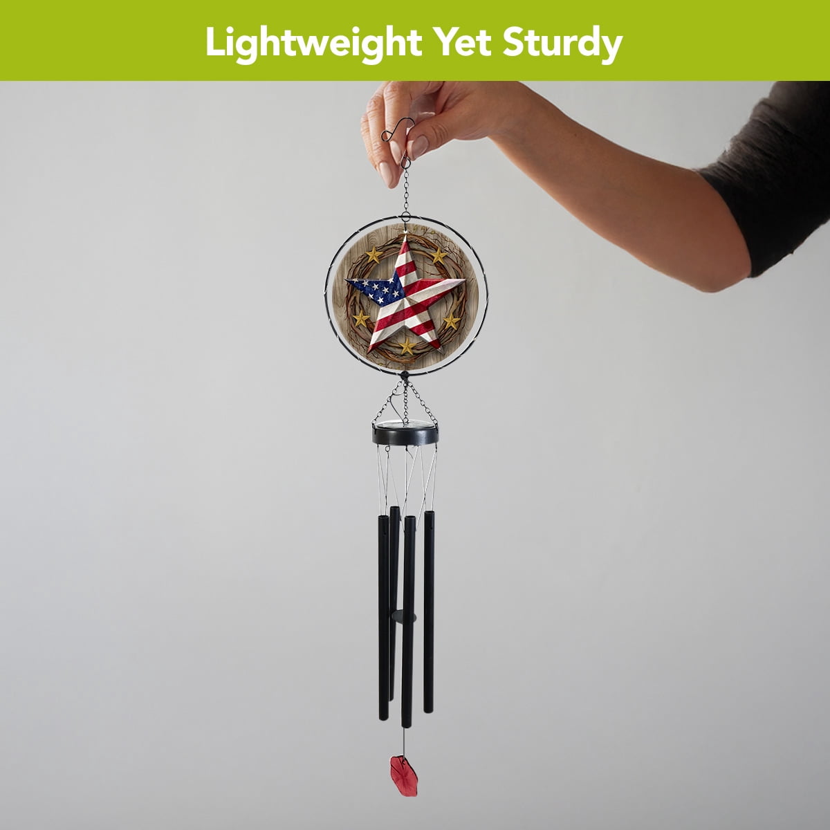 Briarwood Lane Everyday LED Illuminated Solar Powered Glass Suncatcher  Wind Chime 37x8 American Barnstar Wind Chime For Outdoors Melodic Metal Windchimes Wind-Chimes