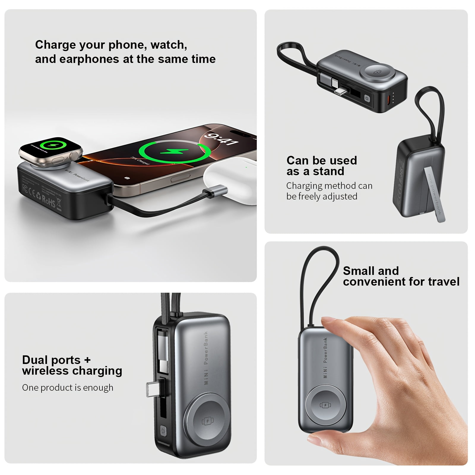 3-in-1 Power Bank For Apple, 5000mAh Portable Charger With USB-C Port, Built-in Cable For Travel, For IPhone 17 16 15 Series, for apple Watch & AirPods