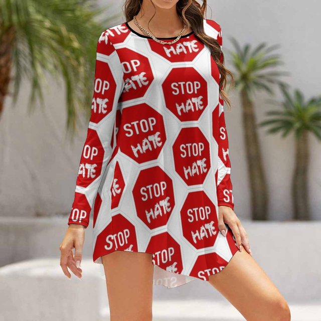 Panneau de Rue Stop Hate Panneau Stop Circulation avec le Mot " Hate " en Robe à Manches Longues Imprimé Décontracté Robe Manches Longues Dames