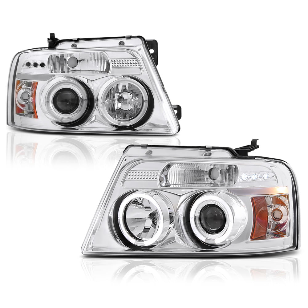 VIPMOTOZ LED Halo Ring Black Smoke Projector Headlights Compatible With 2004-2008 Ford F150 Lincoln Mark LT Driver & Passenger Side Headlamp Assembly Pair Set 