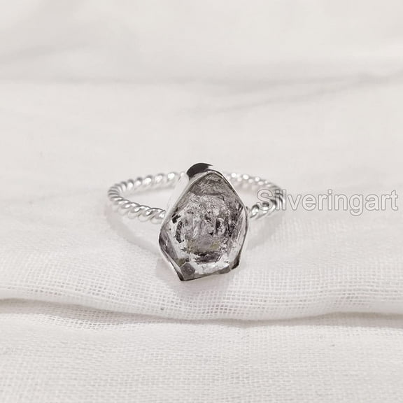 Natural Herkimer Diamond Ring, Rough Herkimer Diamond Ring, Birthstone, Twisted Band, 925 Sterling Silver, Womens Ring, Christmas, Thanksgiving, Handmade, Statement Jewelry, Rough Gemstone Jewelry
