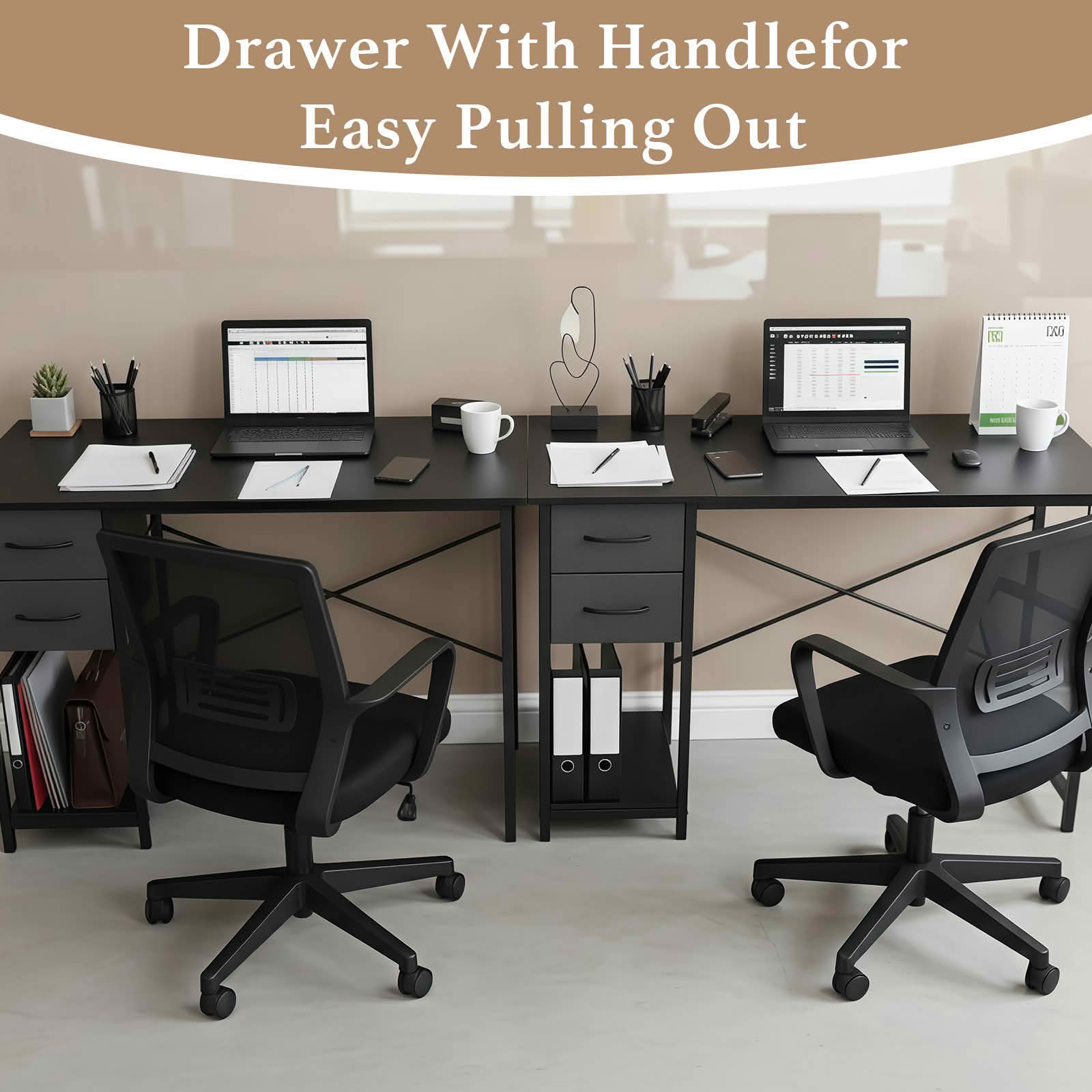 MAYEERTY 47in Computer Desk, Adjustable Position Drawers Side Hooks, Modern Study Workspace