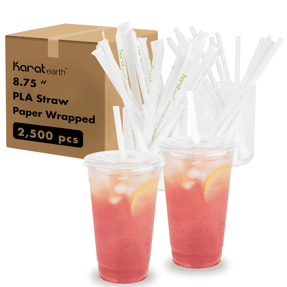 Karat Earth [2,500 ct] Giant PLA Straws, Individually Wrapped, 8.75" x 8mm, White