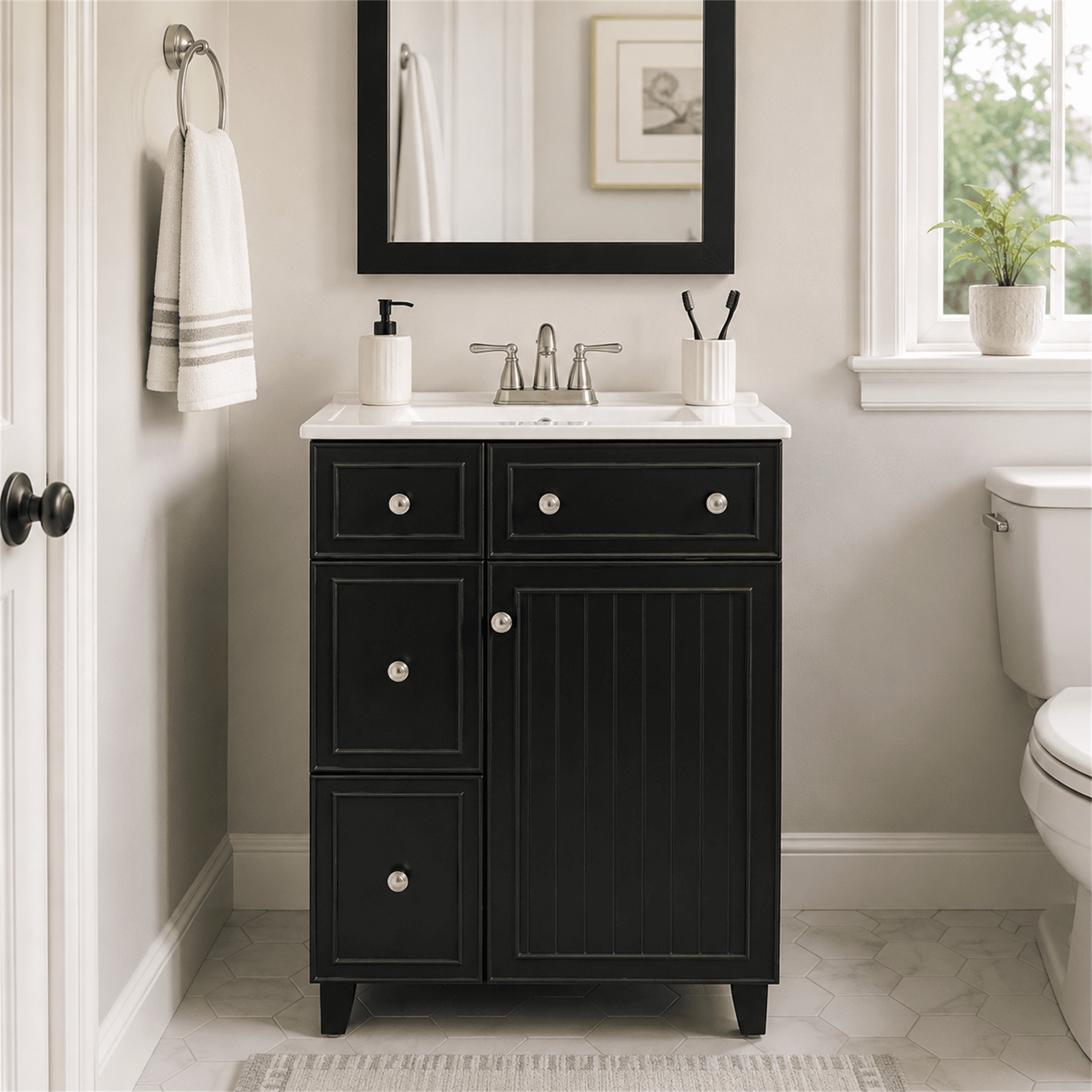 Homy Casa 24 Inch Bathroom Vanity with Sink, Ceramic Top, Drawers and Doors, Black