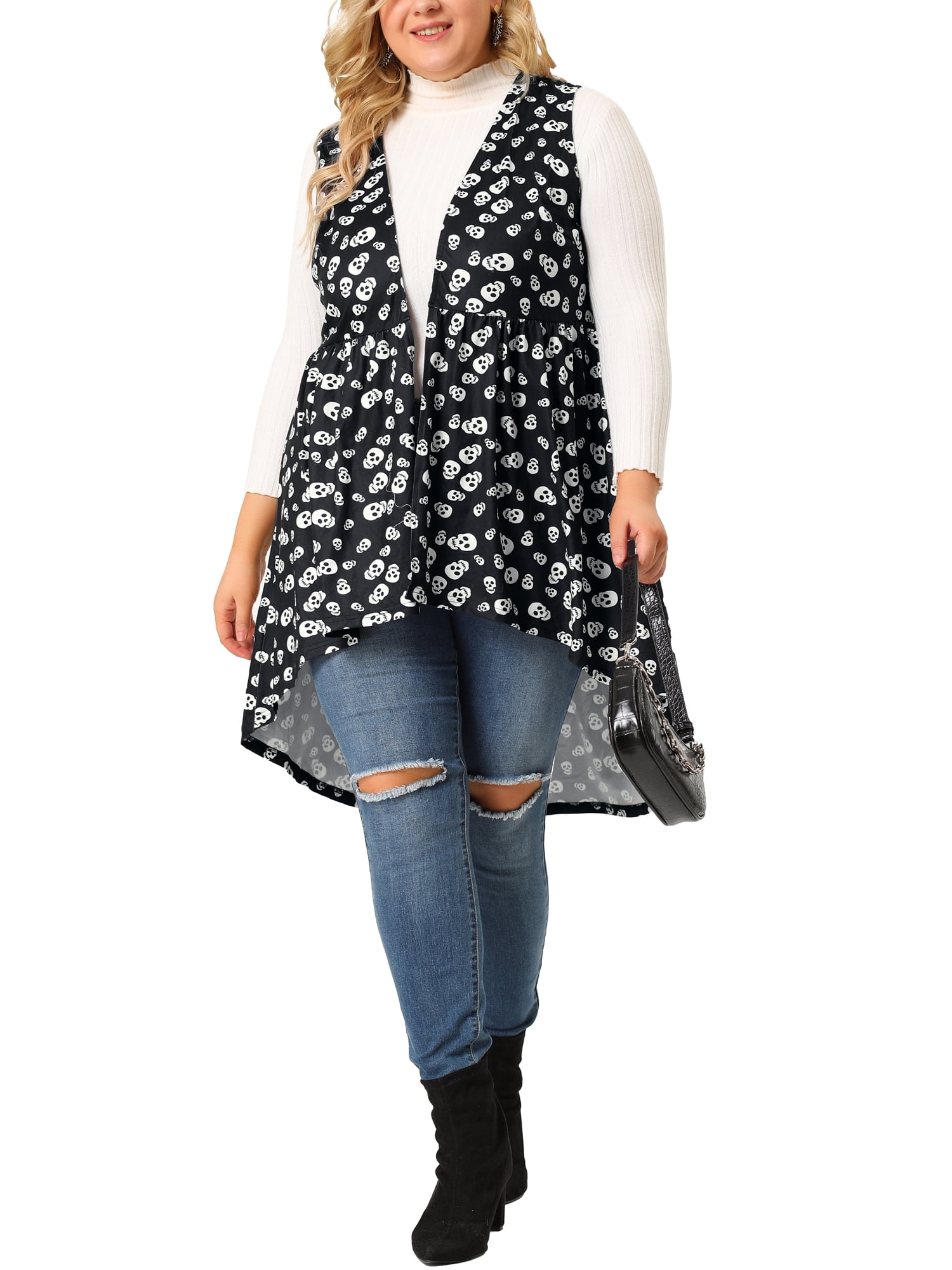Agnes Orinda Junior's Plus Vest Open Front High Low Skull Sleeveless Cardigans