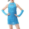 thumbnail image 2 of RUNQHUI Robe de Danse Latine à Franges pour Filles, Robe de Patinage Artistique Salsa Tango avec Gants Bleu Ciel 110, 2 of 7