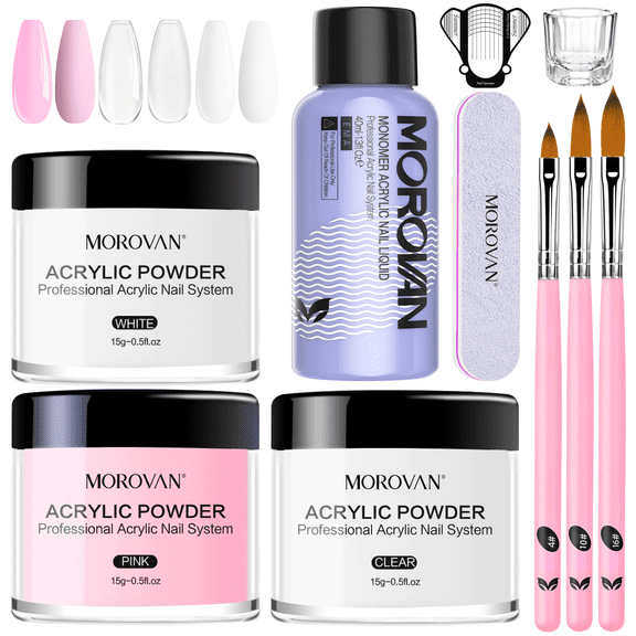 Morovan Acrylic Nail Kit - Clear Pink & White Powder with Liquid Set, Nail Brush & Storage Case,Beginner DIY at Home