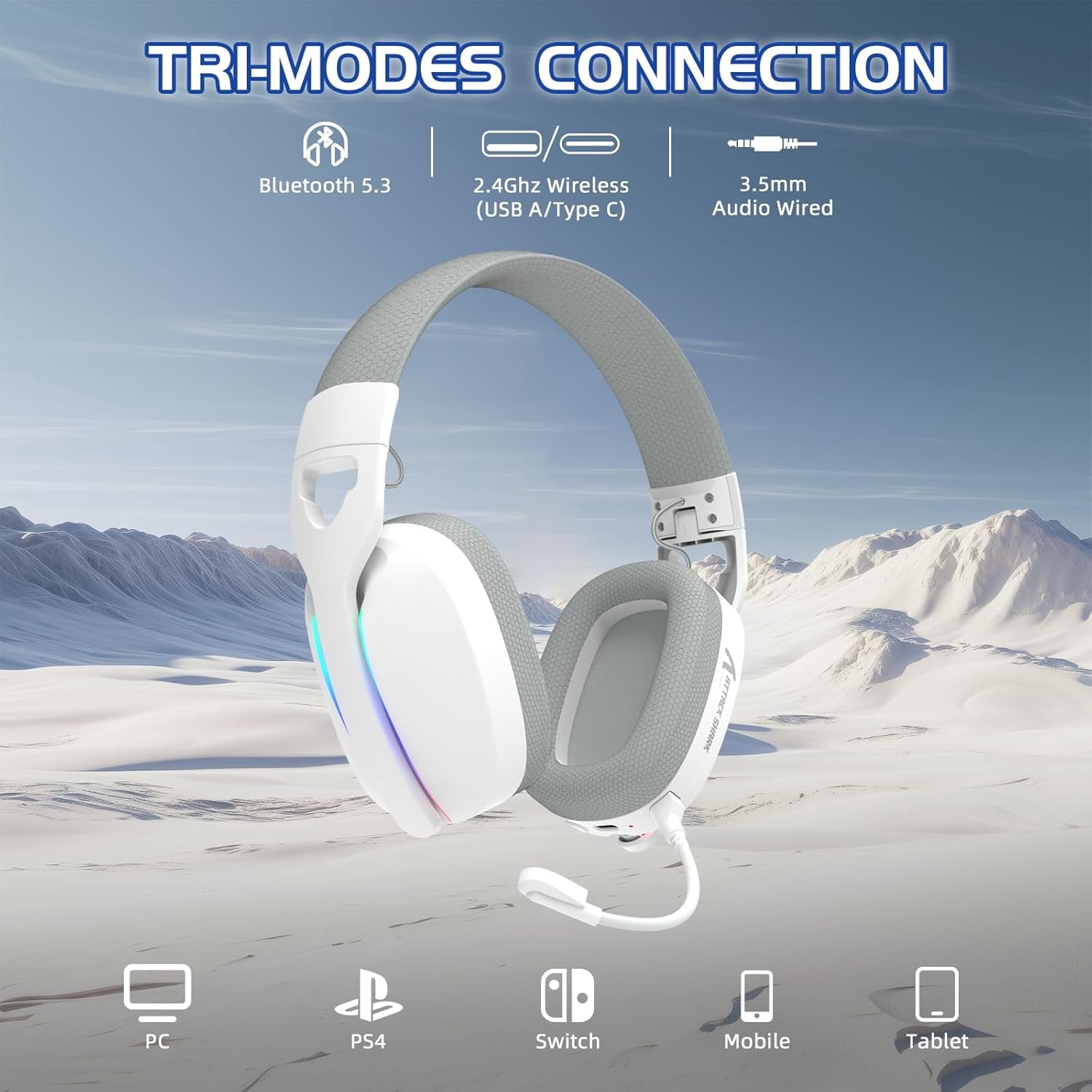 ATTACK SHARK L90 Ultralight RGB Wireless Gaming Headset with Plug-in Microphone,Bluetooth 5.3 & 2.4G Wireless & Wired Headphone, 7.1 Surround Sound for Xbox One Series, PS4,PS5 & PC (White)