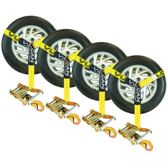 VULCAN Car Tie Down - Snap Hooks - Lasso Style - 2 inch x 96 inch - 4 Pack - Yellow - 3300 Lbs SWL