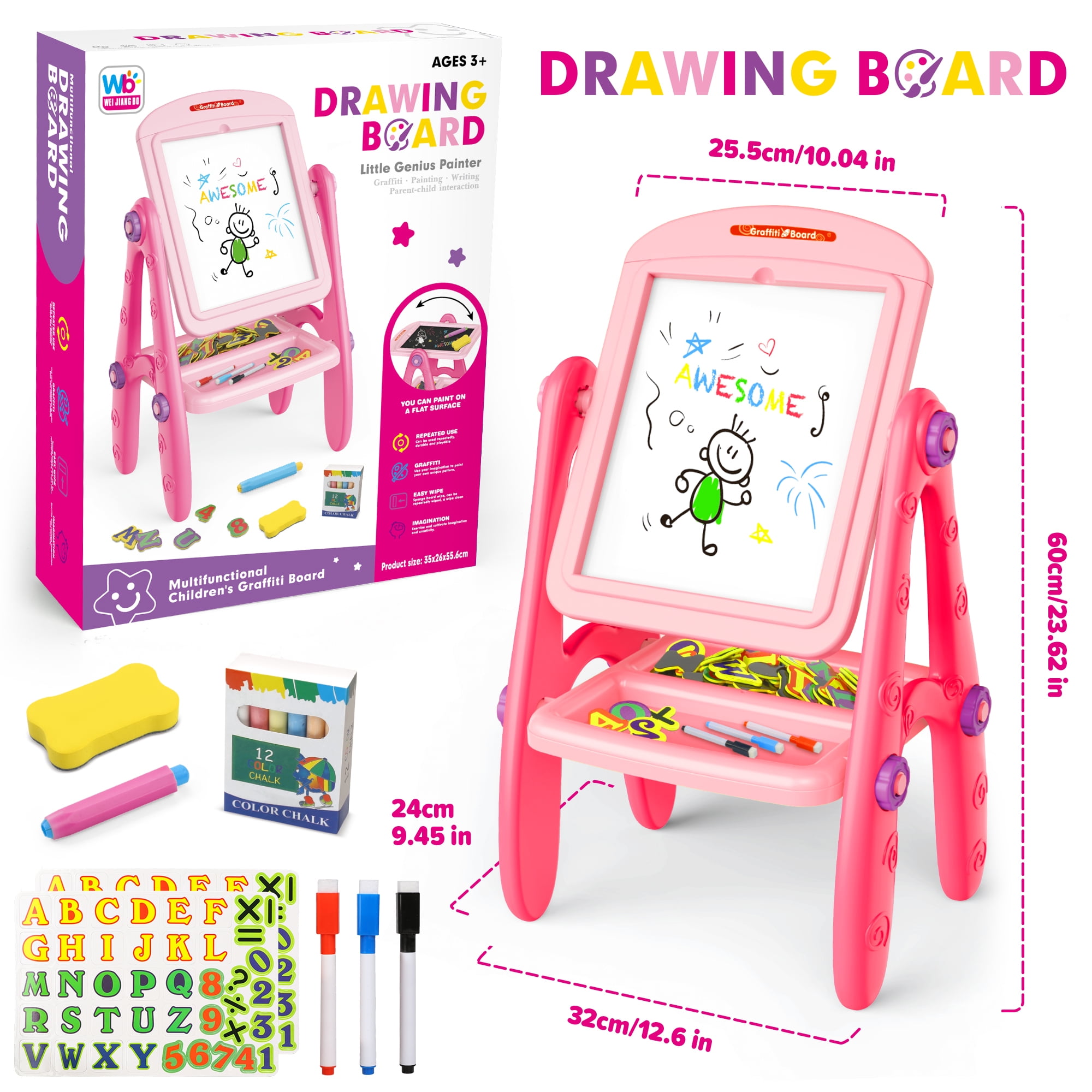 Carsky Art Easel for Kids Toddlers Girls Ages 3 4 5 6 Years, Rotatable Drawing Board Standing, Double Sides with Whiteboard & Chalkboard, Birthday Christmas Gifts(Pink).