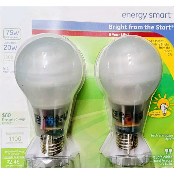 (2 bulbs) GE 71054 Compact Fluorescent 75 watt equivalent energy smart light bulb, 1100 lumens, CFL