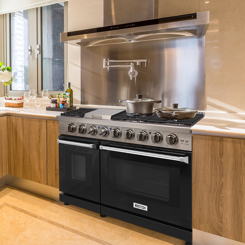 KOSTCH 48in Natural Gas Range with 6 Burners & 1 Griddle and Double Ovens, Stainless Steel in Black
