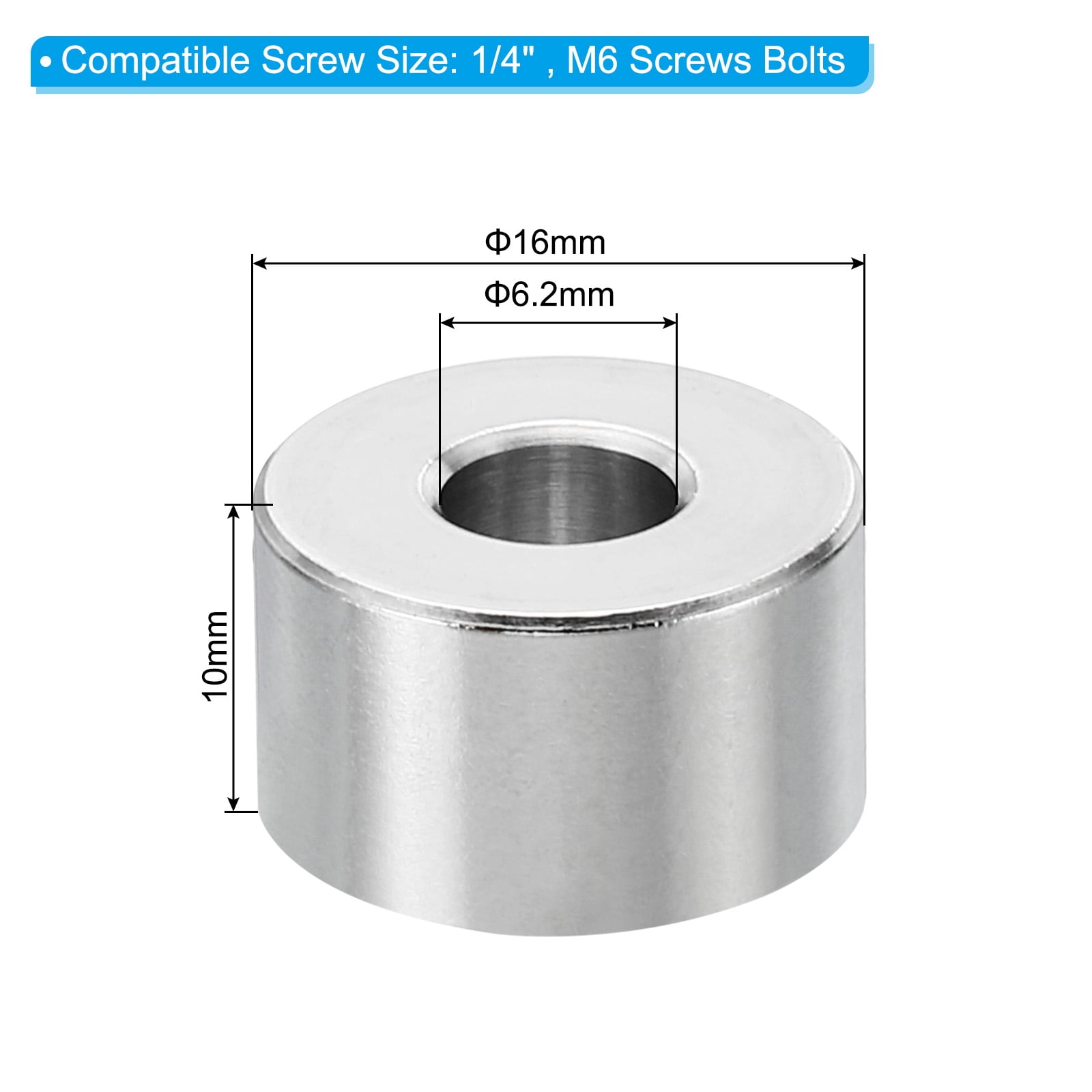 M6 Stainless Steel Spacers, 10 Pcs Metal Spacer Stainless Steel 6.2mm ID x 16mm OD x 10mm L for 1/4" or M6 Screw Bolts