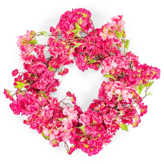 Bright Pink Cherry Blossom 22 inch Polyester Decorative Hanging Wreath
