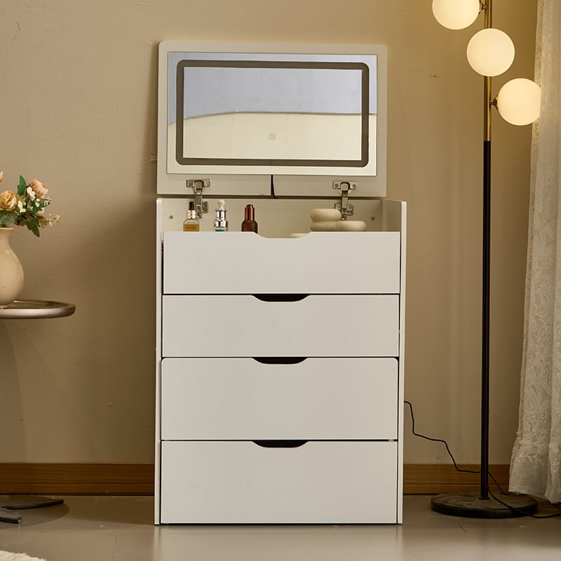 3-in-1 Flip Top Makeup Vanity Desk with 3 Color Light Mirror, Glass Tabletop Storage Drawers Solid Wood Legs, Dressing Table Workstation Nightstand for Bedroom