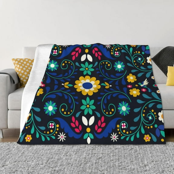 Fuzoiu Colorful Mexican Flower Print Flannel Blanket,Throw Blanket,Flannel Home Decor,Fleece Bed Blankets,Cozy Soft Blanket for Bed, Sofa, Camping, and Travel-40"x30"