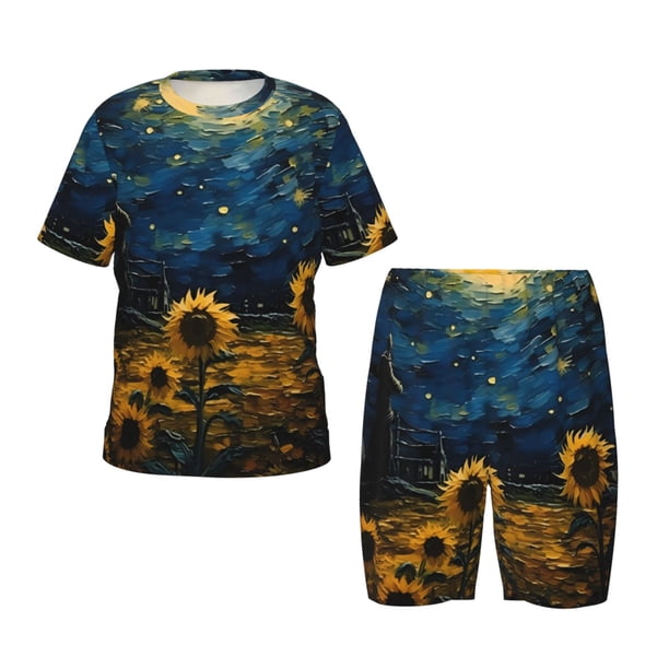 Balery Oil Starry Sky Sunflower Conjunto de Pijama Infantil de Manga Corta con Estampado – Ropa de Dormir de Algodón Suave-Medium