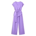 thumbnail image 4 of Hxshgdsn Dress Casual Sets for Womens Wrap Tie Waist Short Sleeve Top Wide Leg Long Pants 2 Piece Vacation Daily（Purple/3XL）, 4 of 7
