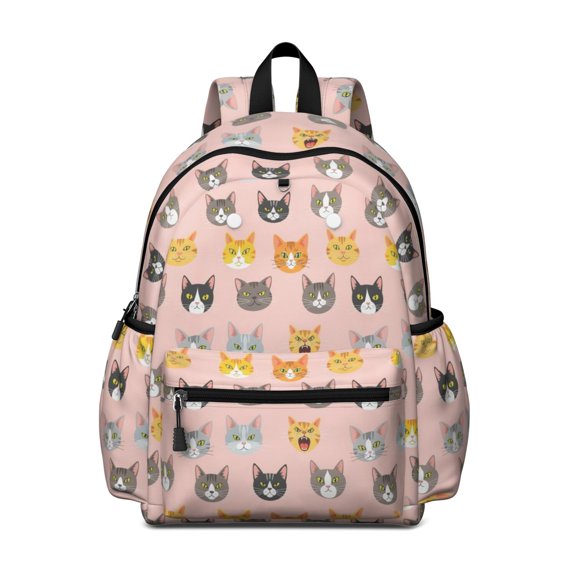 Multicolor Cat Head Pink Pattern Backpack for School, Cute School Bag with Adjustable Shoulder Straps and Padded Back, 13.4"x11"x4.7"