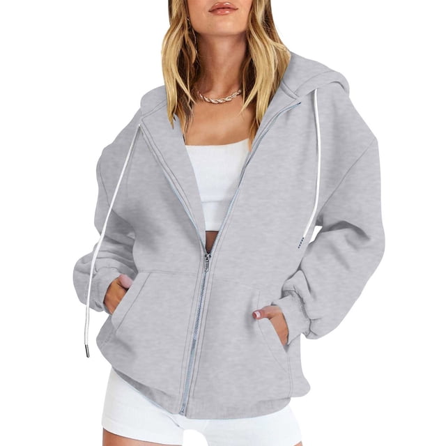 ICHUANYI Clearance Women's Fashion Casual Color Zip Hood Long Sleeve Pocket Jacket Blouse(Gray, L) ICHUANYI WER2023080808678